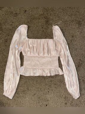 Smocked Peplum Long-Sleeve Blouse in Soft Pink